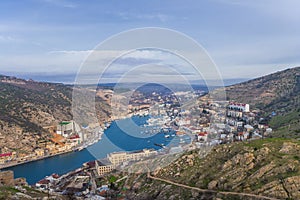 Panoramic view of the city of Balaclava from the Genoese fortress Chembalo, Crimea, Black sea