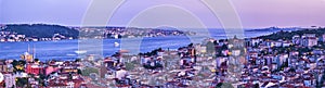 Panoramic View of the city, Bosphorus and Asian side from Ortakoy area at sunset in Istanbul