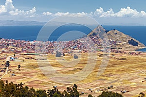 Panoramic view of the city of Copacabana on the coast of lake Titicaca, La Paz, Bolivia