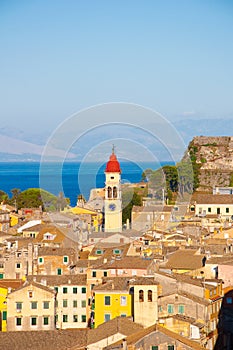 Panoramic view the city of Corfu and the bell tower of the Saint Spyridon Church from the New Fortress. Greece.