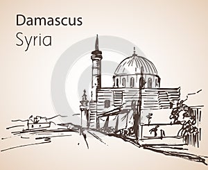 Panoramic view of city Damaskus, Sinan Pasha Mosque, Syria. Sketch.