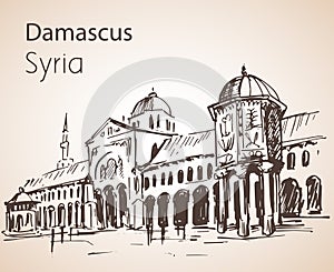 Panoramic view of city Damaskus, Umayyad Mosque, Syria. Sketch.