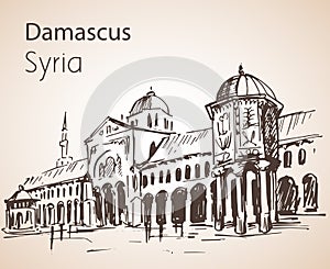 Panoramic view of city Damaskus, Umayyad Mosque, Syria. Sketch. photo