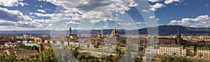 Panoramic view of the city of Florence with Arno River, Palazzo Vecchio, Ponte Vecchio, Duomo and Giotto`s bell tower