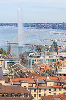 Panoramic view of city of Geneva, Lake Geneva and Jet d\'Eau fountain in Switzerland