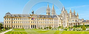 Panoramic view at the City hall with Church of Saint Etienne in the streets of Caen - France