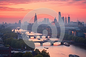 Panoramic view of the city of London at sunset, UK, Photo of London skyline at sunrise, AI Generated