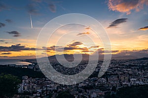 Panoramic view of the city of Malaga at sunset. Spain. Andalusia