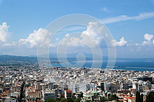 Panoramic view of city of Patras downtown and azure Mediterranean sea