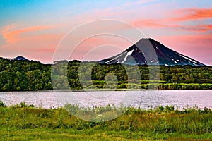 Panoramic view of the city Petropavlovsk-Kamchatsky and volcanoes