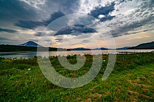 Panoramic view of the city Petropavlovsk-Kamchatsky and volcanoes