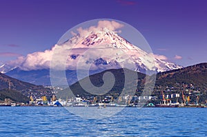 Panoramic view of the city Petropavlovsk-Kamchatsky and volcanoes: Koryaksky Volcano, Avacha Volcano, Kozelsky Volcano