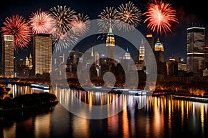 A panoramic view of a city\'s iconic skyline aglow with New Year\'s fireworks, reflecting on a serene river below