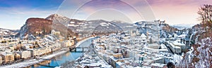 Panoramic view of the city of Salzburg in winter, Austria