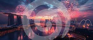 A panoramic view of a city skyline with fireworks exploding over the water