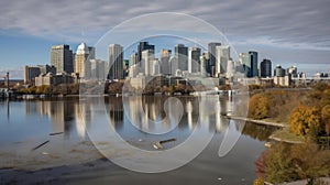 A panoramic view of a city skyline with a river in the foreground created with Generative AI