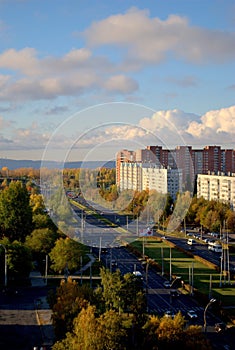 Panoramic view of the city of Togliatti in the early autumn morning overlooking Stepan Razin Avenue.