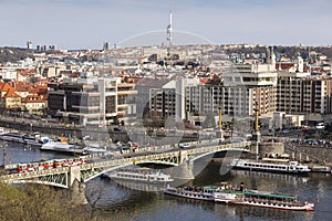 Panoramic view of the city with Vltava River, Czech Bridge, Dvorak Embankment, Old and New Town and Zizkov Television Tower
