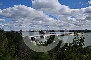 Panoramic view of the city of Voronezh. View from the high bank to the big bridge and the city.