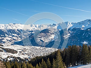 Panoramic view on city in winter in resort Ladis, Fiss, Serfaus in ski resort in Tyrol