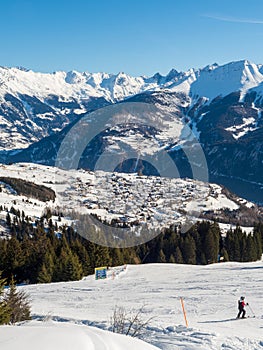 Panoramic view on city in winter in resort Ladis, Fiss, Serfaus in ski resort in Tyrol