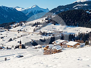 Panoramic view on city in winter in resort Ladis, Fiss, Serfaus in ski resort in Tyrol