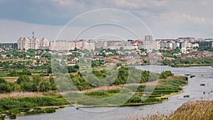 Panoramic view of the city of Yuzhnoukrainsk located on the granite rocky bank of the Southern Bug River. Ukraine.