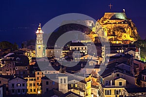 Panoramic view of the citylights of Corfu Town at night