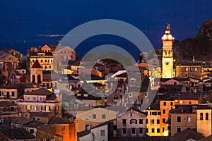 Panoramic view of the citylights of Corfu Town at night