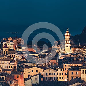 Panoramic view of the citylights of Corfu Town at night.