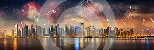 Panoramic view of the cityscape with fireworks over the water