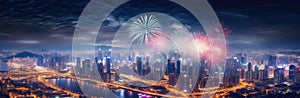 Panoramic view of the cityscape and fireworks in Shanghai, China