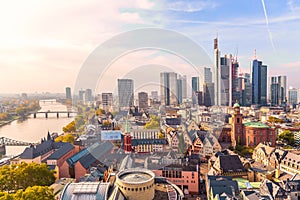 Panoramic view cityscape skyline of business district with skyscrapers during sunrise, Frankfurt am Main. Hessen, Germany photo