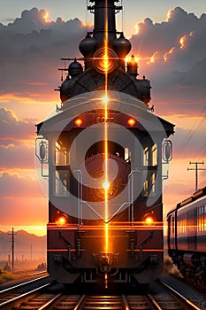 Panoramic View of a Classic Locomotive Led Train, Surrounded by Colorful Clouds and Embracing the Splendor of a Sunset from. AI