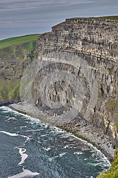 Panoramic view of the Cliffs of Moher, Ireland. Cliffs of Moher during sunset. Coastline in Ireland with huge cliffs