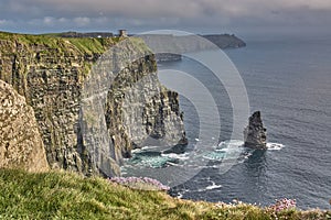 Panoramic view of the Cliffs of Moher, Ireland. Cliffs of Moher during sunset. Coastline in Ireland with huge cliffs