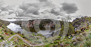 Panoramic view of Cloudy landscape with river and cliffs in Arribes del Duero. Spain. The Arribes del Duero Natural Park