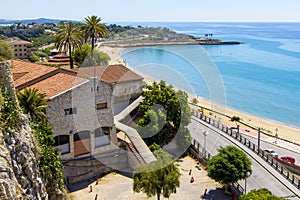 Panoramic view of coast of Tarragona in sunny day, Catalunya, Spain.