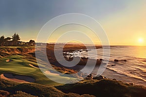 panoramic view of a coastal golf course at golden hour