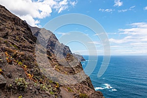Panoramic view of the coastline of the Anaga mountain range on Tenerife, Canary Islands, Spain. View on Cabezo el Tablero crag