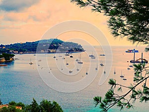 Panoramic view of coastline and beach luxury resort. Bay with yachts, Nice port, Villefranche-sur-Mer, Nice, Cote d`Azur, French