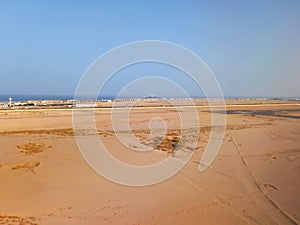 Panoramic view of coastline of the Sinai Peninsula in Egypt. Desert and Red Sea. Landscapes and Constructions in Sharm el sheikh
