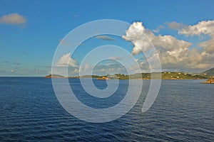 Panoramic view of coastline of St. Thomas island U.S. Virgin islands Caribbean from cruise ship sunny day