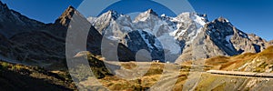 Panoramic view on Col du Lautaret in the Ecrins National Park with glaciers in autumn. Hautes-Alpes, E