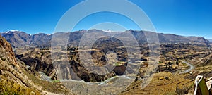 Panoramic view of the Colca Valley - a colorful Andean valley. Colca Canyon, Colca River, Peru