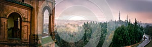 panoramic view of Colli Bolognesi hills at sunset from the arcades San Luca basilica, horizontal background of Bologna
