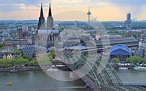 Cologne Cathedral and Hohenzollern Bridge panoramic view, Germany