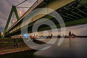 Panoramic view of Cologne Cathedral under the Severin`s bridge