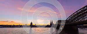 Panoramic view of Cologne, Germany with Cologne Cathedral, Hohenzollern Bridge and Old Town