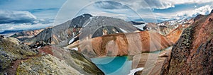 Panoramic view of colorful rhyolite volcanic mountains Landmanna